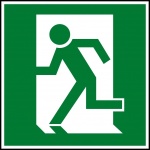 Running Man exit sign in alternate design of the running man pictorial element, which differs from the traditional Japanese style, man is moving to left through a doorway